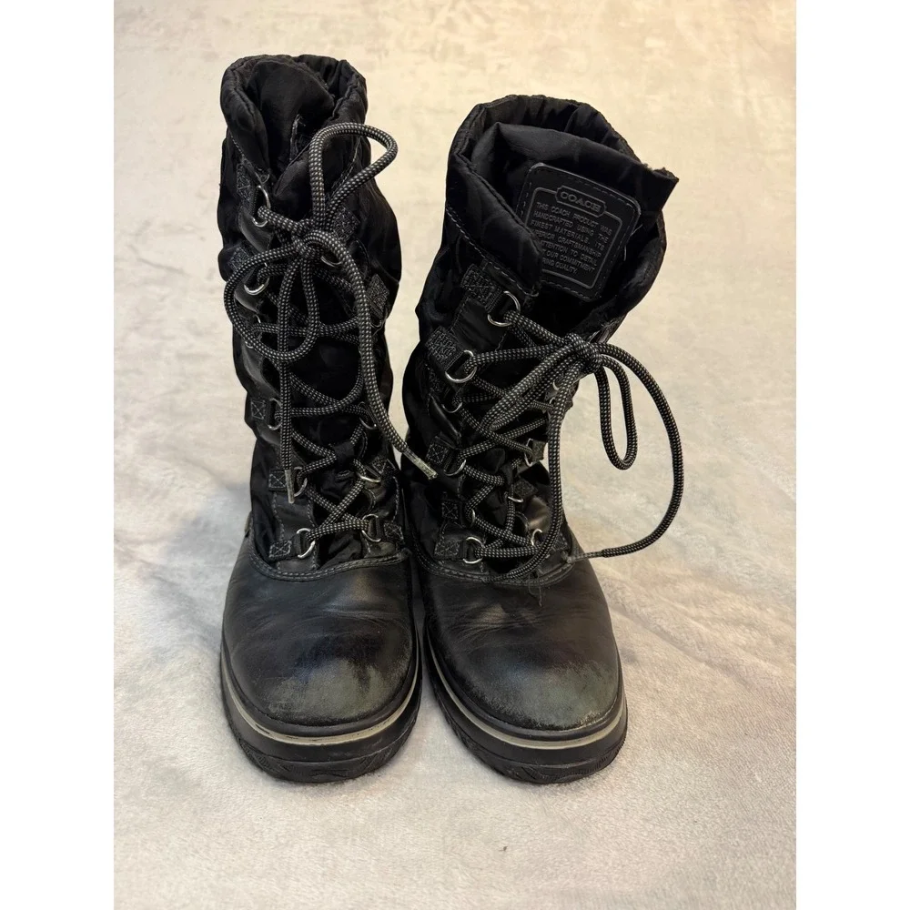 Coach Black Signature Monogram Leather Nylon Snow Winter Boots Mid-Calf Womens‎